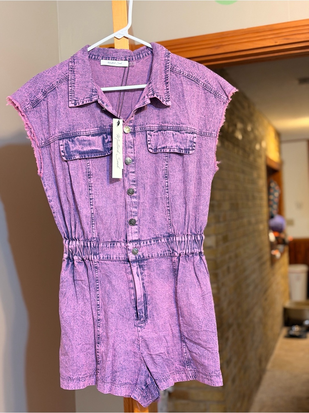 NWT Mustard Seed Purple Acid Wash Denim Utility Romper Button Front Medium